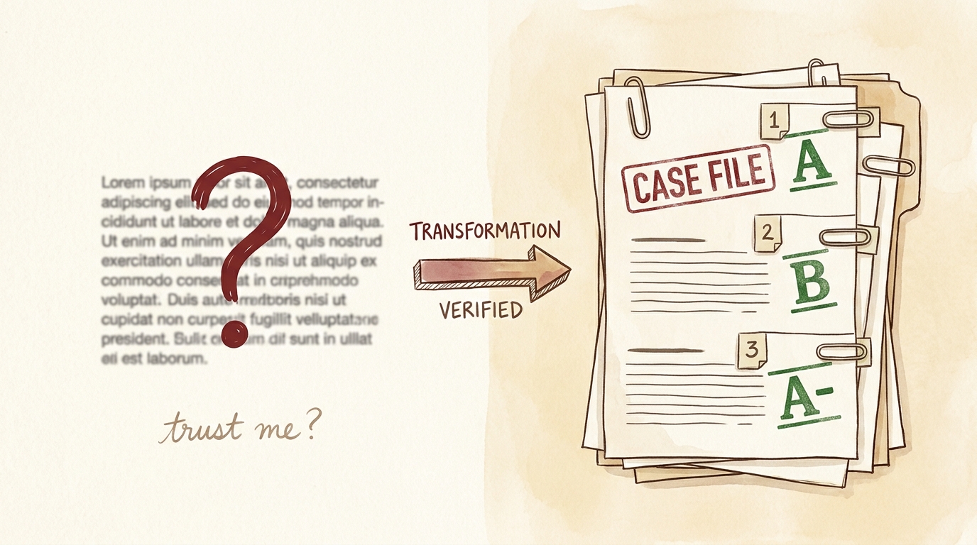 On the left, a single grey blurry paragraph with a big question mark and the words trust me. On the right, the same content reorganized into a neat case file with numbered citation tags and green A and B grade stamps, joined by an arrow labelled transformation, verified.