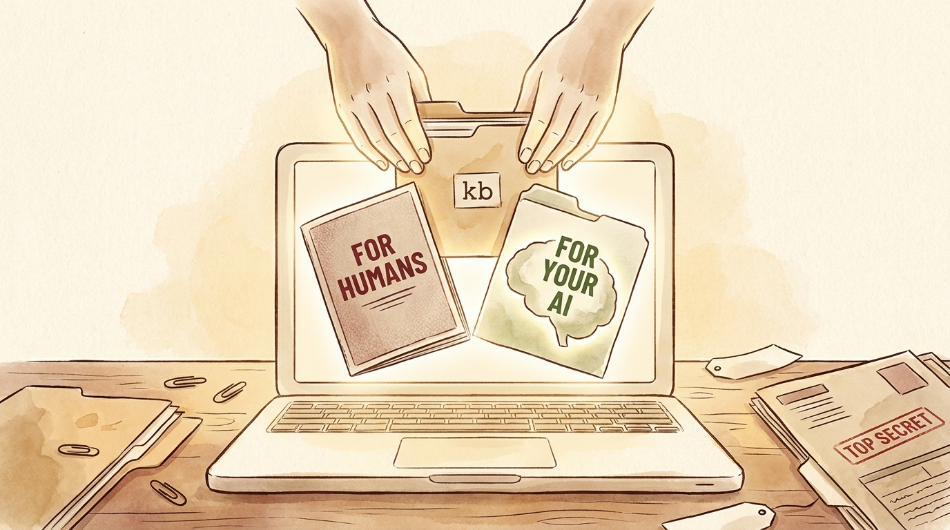 A small kb folder being dropped into an open laptop, splitting into two labeled halves: a printed primer booklet for humans on the left, and a glowing brain-file for your AI on the right.