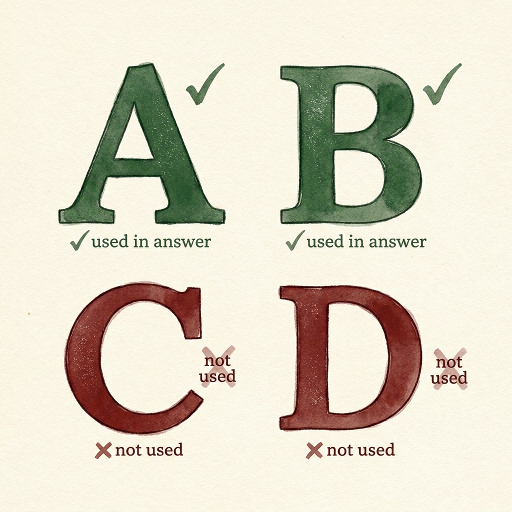 Four rubber-stamp letter grades on cream paper: A and B stamped in green with checkmarks and the words used in answer; C and D stamped in oxblood red with crosses and the words not used.