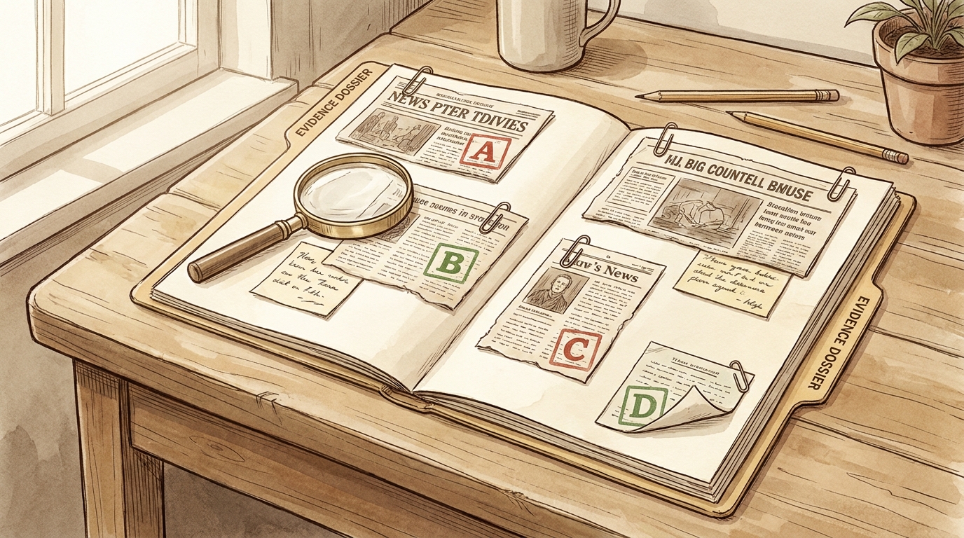 An open paper evidence dossier on a warm wooden desk, with source clippings paperclipped to the pages, each wearing a small rubber-stamp letter grade A, B, C or D, and a magnifying glass resting on top.
