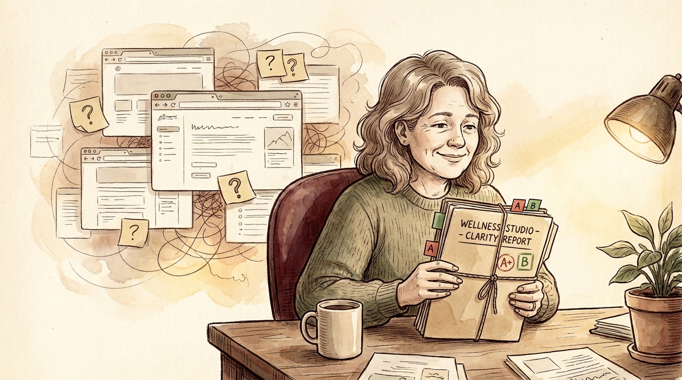 A relieved wellness-studio owner at a cozy desk holding a tidy cited report with letter-grade tabs, while a chaotic pile of browser tabs and sticky-note question marks fades away behind her.