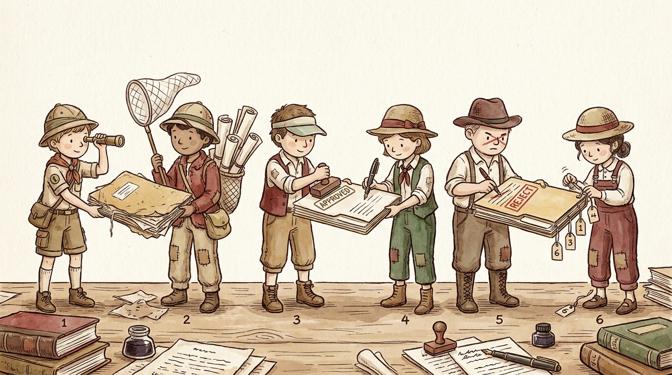 Six friendly little paper-character helpers in a line on a worktable, passing a manila folder hand to hand: a scout with a spyglass, a searcher with a net of papers, a grader with a stamp, a synthesizer with a pen, a fact-checker with a red reject stamp, and a citer attaching numbered tags.