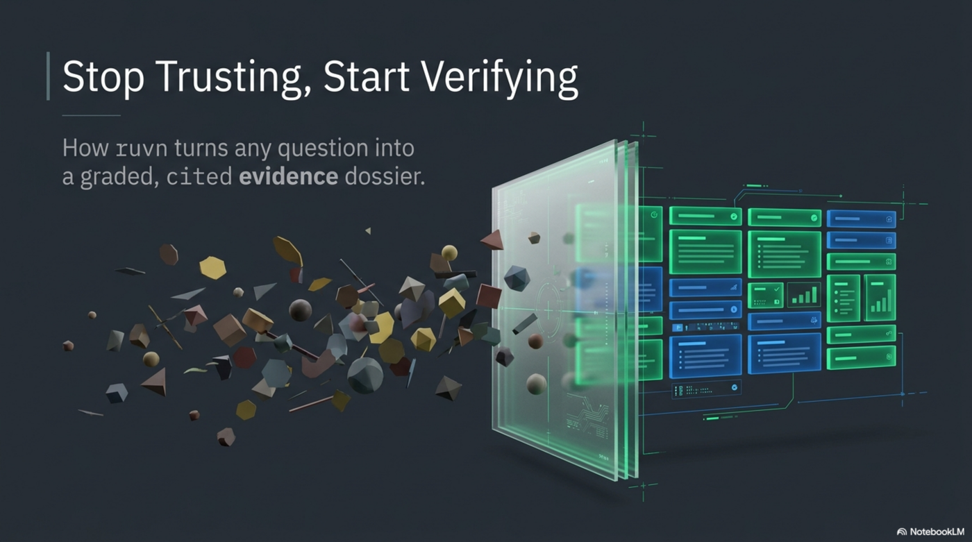 Cover of the ruvn slide deck: Stop Trusting, Start Verifying — how ruvn turns any question into a graded, cited evidence dossier.